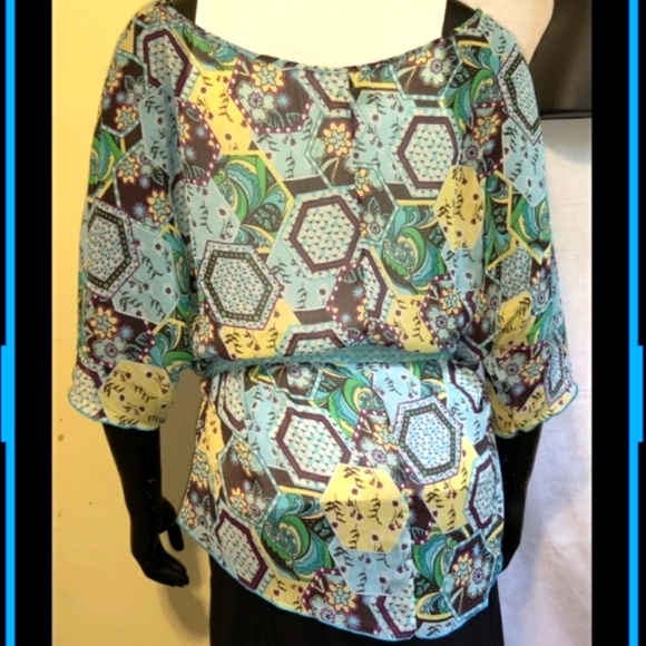 🗺️ Boho Printed Peasant Shirt Blouse w/ Braided Belt included Semi-Sheer, Small - Picture 2 of 10
